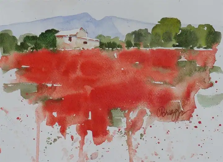 Vibrant watercolor of Provence poppies with distant mountains and greenery.
