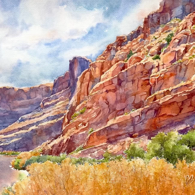 1Briggs Cindy Rising Above the Colorado River Moab Utah 14x20 Watercolor 3200. Featured at Qingdao Art Festival China Collections Cindy Briggs Art Watercolor Painting