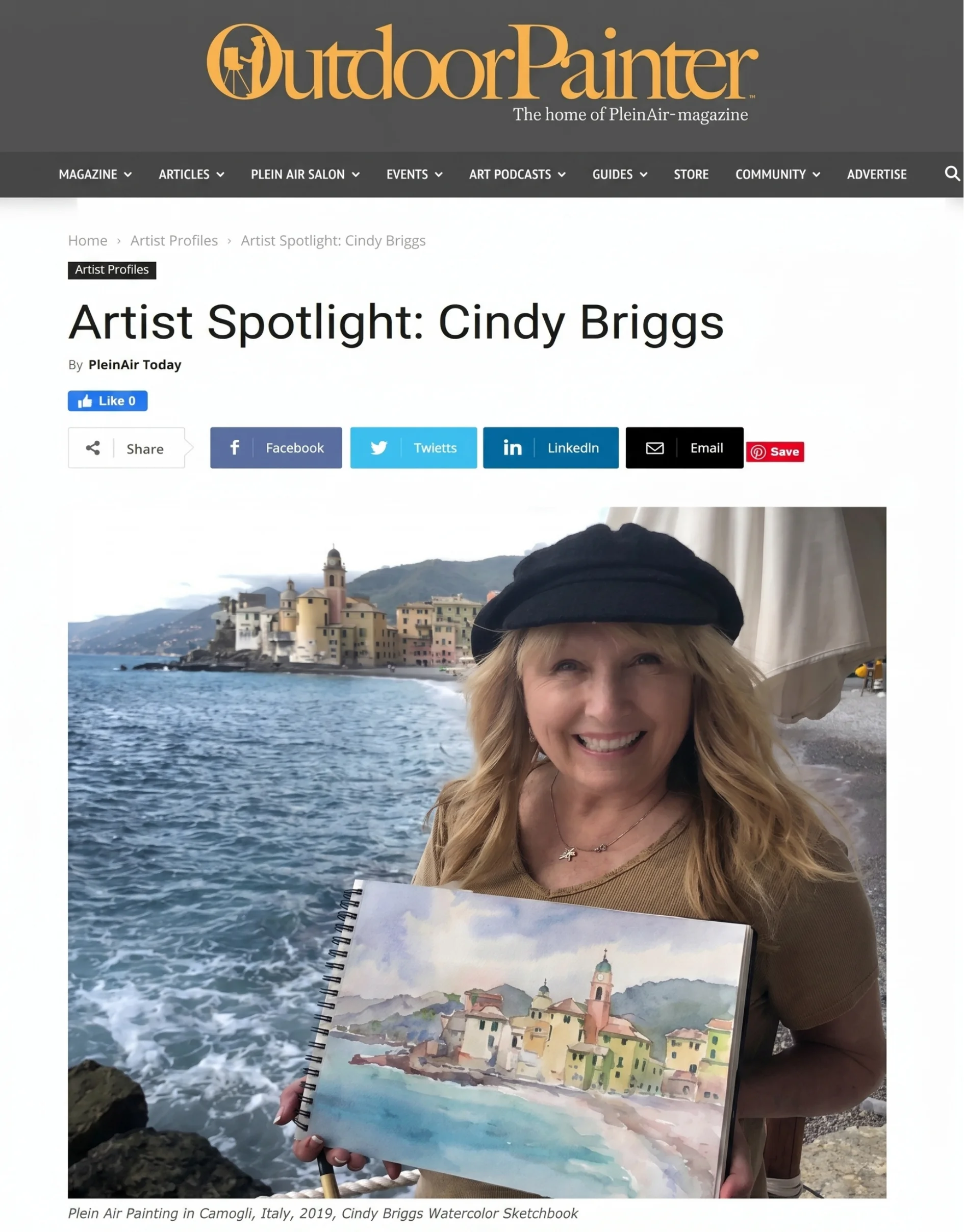 OutdoorPainter artist spotlight with Cindy Briggs holding a watercolor sketchbook