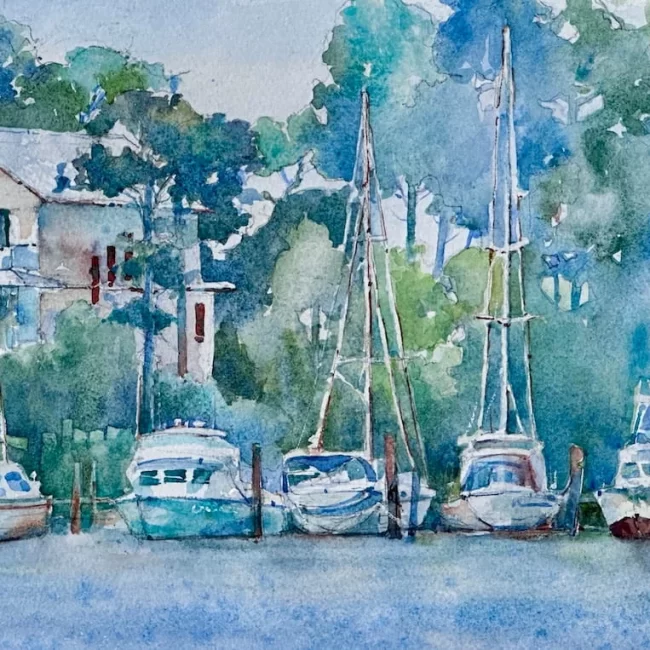 Carrabelle Boats 8 x 16 Plein Air Watercolor Mounted on Aluminum Varnished Framed 1100 with Frame copy Collections Cindy Briggs Art Watercolor Painting