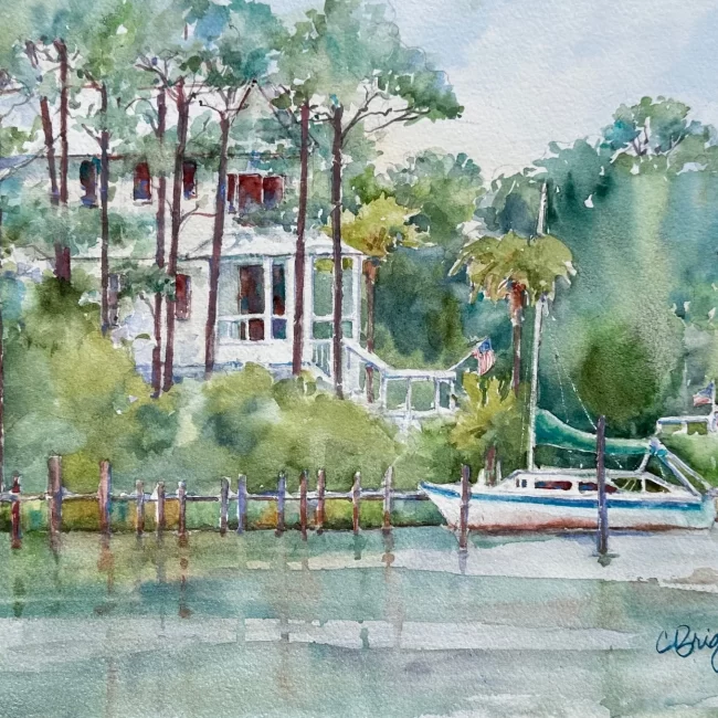 Carrabelle Cottage Florida Plein Air Watercolor Mounted on Aluminum Varnished Framed 1400 copy Collections Cindy Briggs Art Watercolor Painting