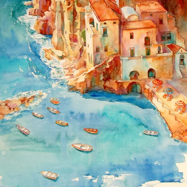 Conca dei Marini AMALFI COAST Watercolor 29 x 24 copy Collections Cindy Briggs Art Watercolor Painting