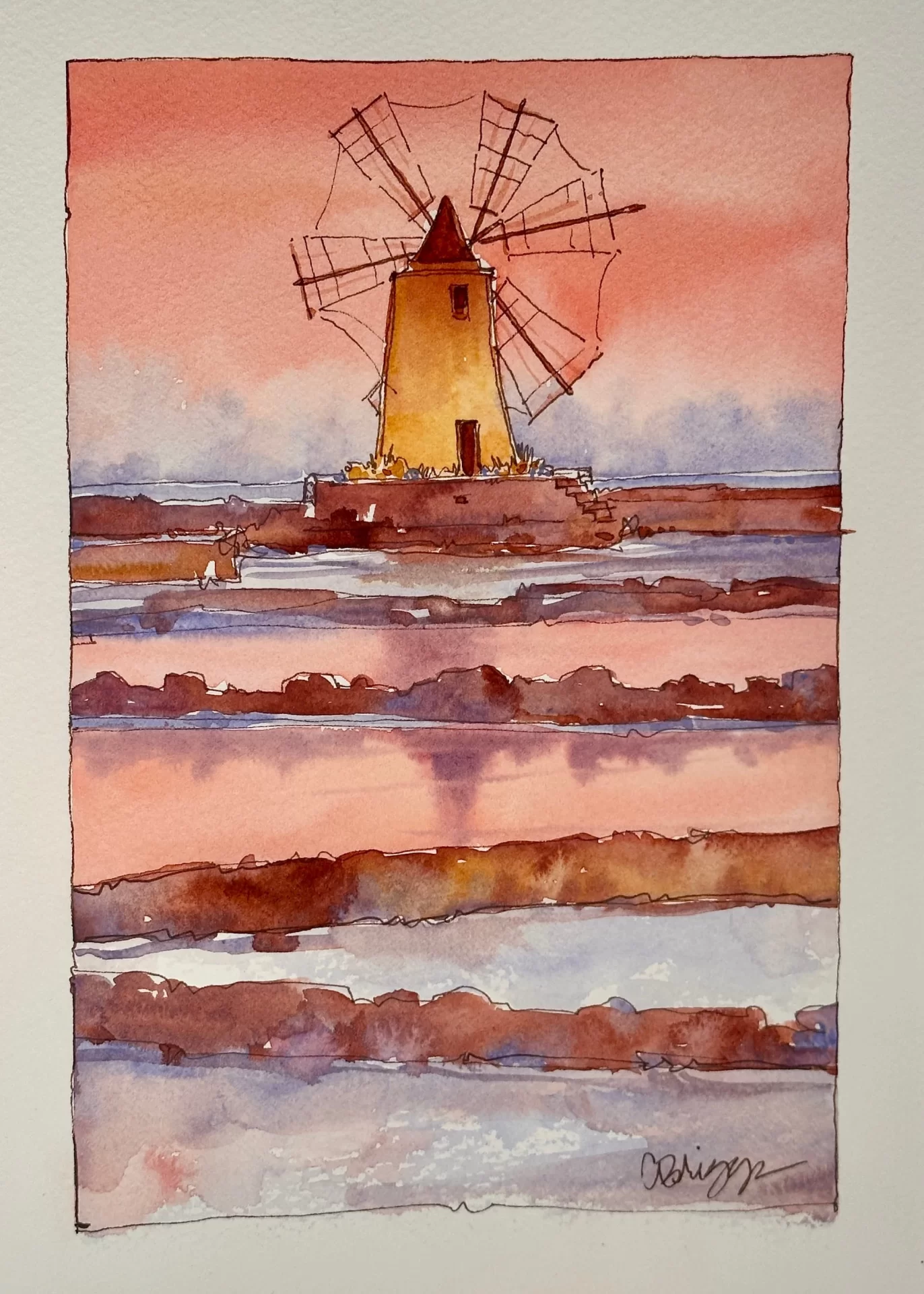 Marsela Salt Flats Sicily Journal Ink Watercolor Quicksketch 10 x 7 copy Marsela Salt Flats, Sicily Cindy Briggs Art Watercolor Painting