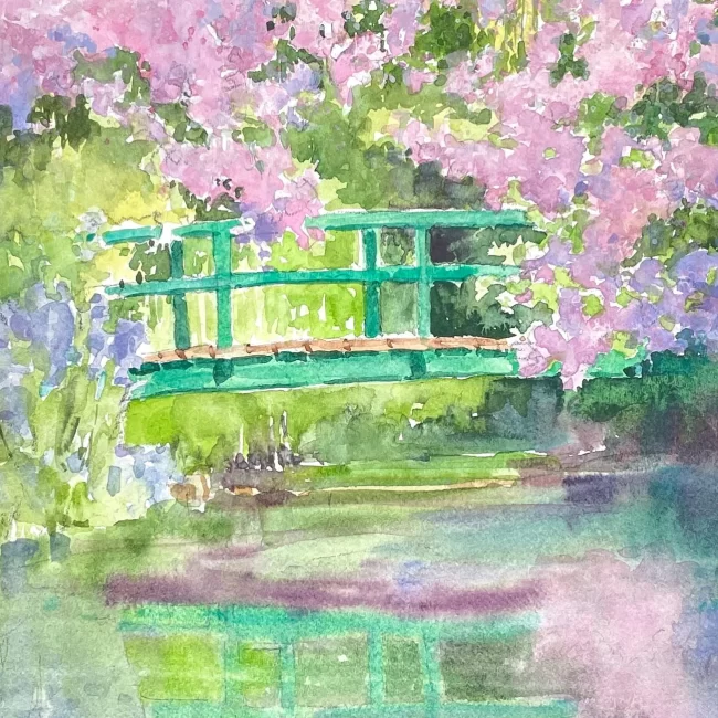 Monets Japanese Bridge Watercolor Gouache 7 x 10 plus Mat 665 Collections Cindy Briggs Art Watercolor Painting