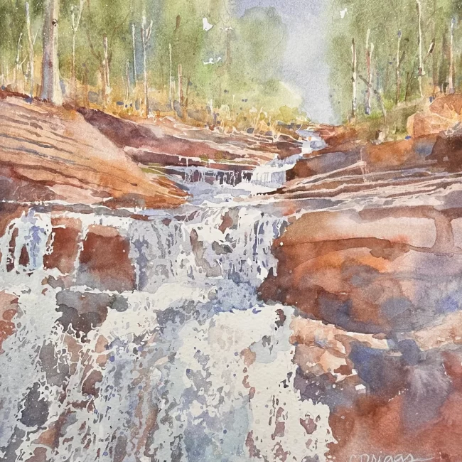 Ozark Waterfall 12 x 9 750 Mat copy Collections Cindy Briggs Art Watercolor Painting