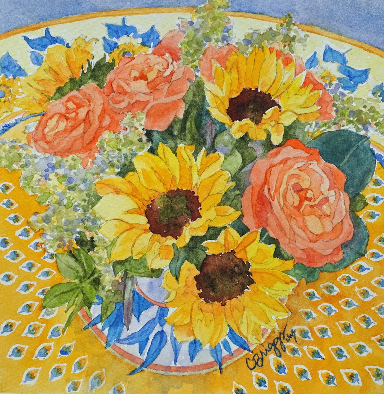 Provence Sunflower Roses Watercolor 8x8 with Mat 550 copy Florals Cindy Briggs Art Watercolor Painting