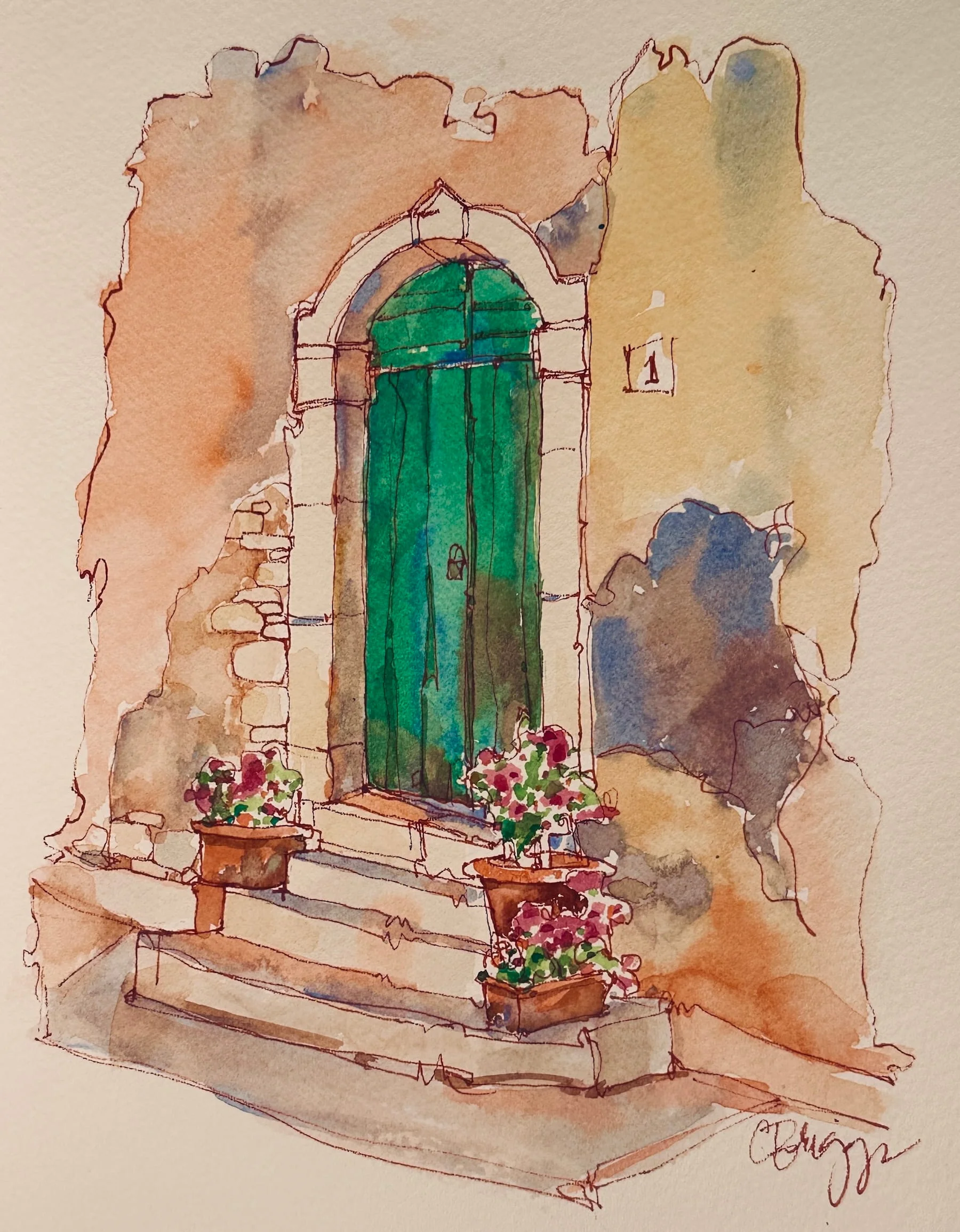 Sicilian Doorway Taormina 10 x 7 Quick Sketch Cindy Briggs Art Watercolor Painting