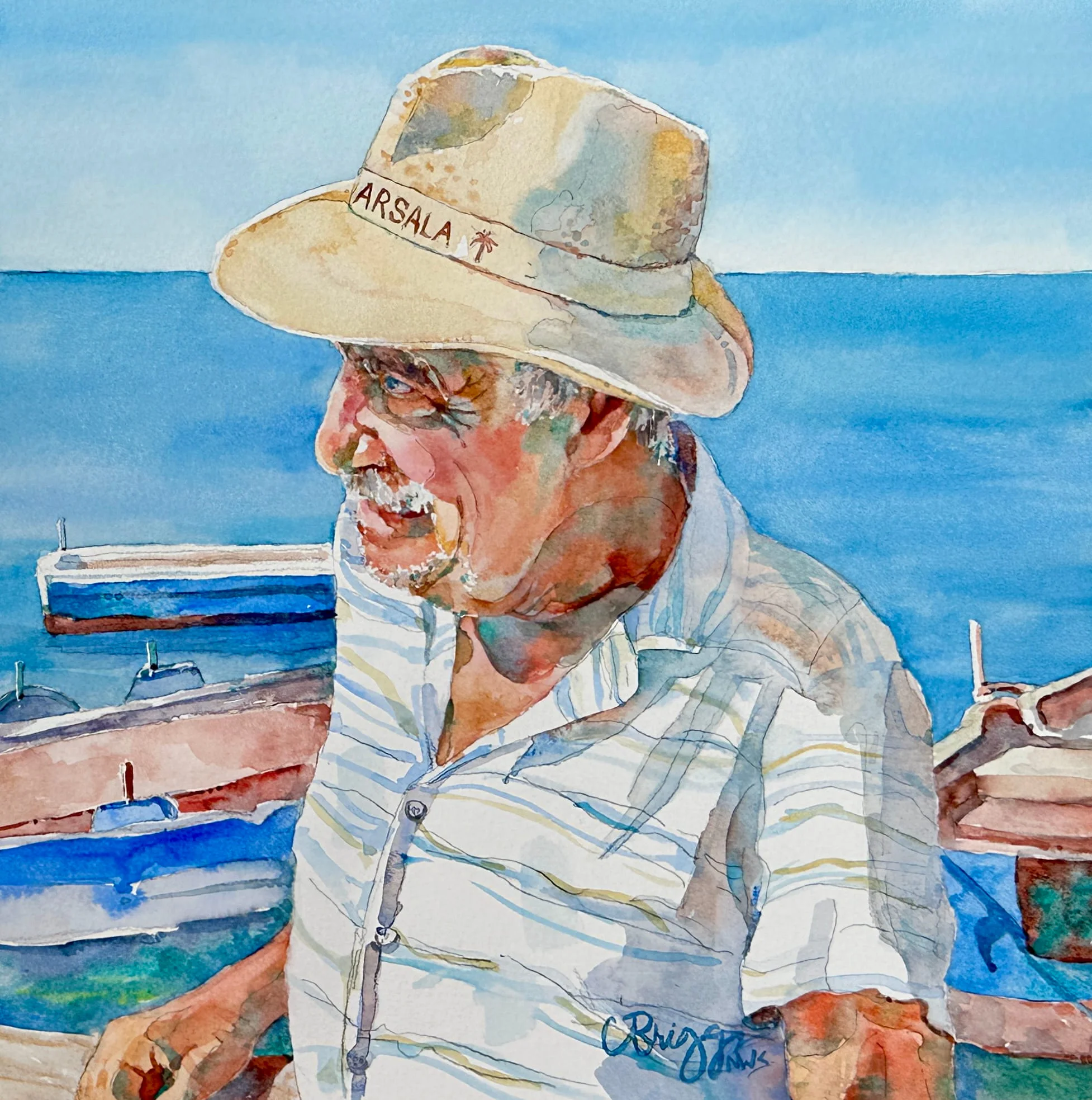 Sicilian Fisherman 10x10 Watercolor 800 copy Portraits Cindy Briggs Art Watercolor Painting