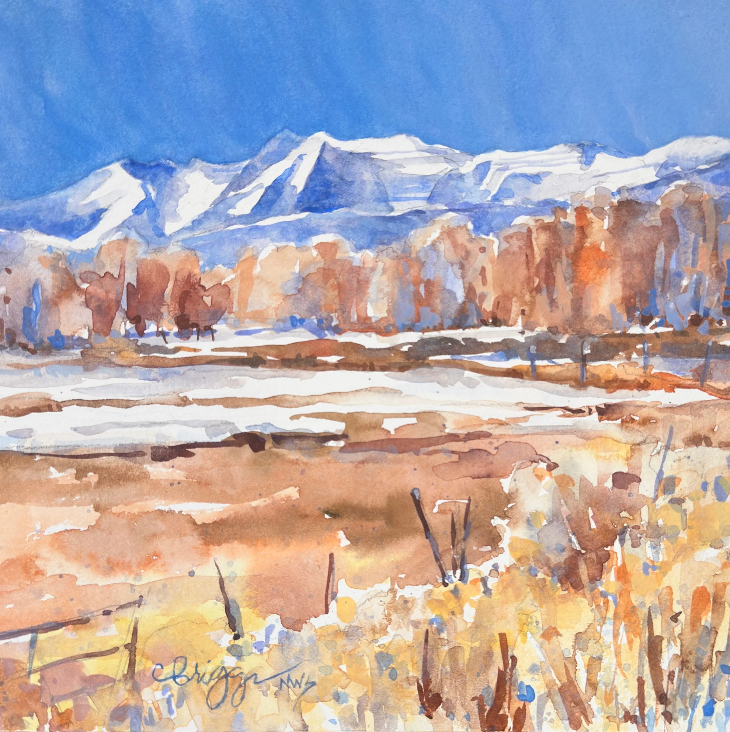 Timpanogos View from Heber 8 x 8 Watercolor Gouache 400 w Mat copy North America Cindy Briggs Art Watercolor Painting