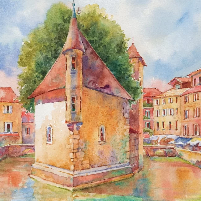 1 Palais de lIsle — Annecy France Watercolor 12 x 9 WC Palais de l’Isle — Annecy, France, Watercolor Cindy Briggs Art Watercolor Painting