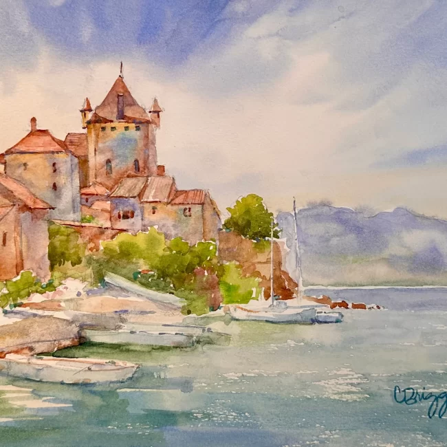 19 Yvoire Chateau on Lake Geneva Collections Cindy Briggs Art Watercolor Painting