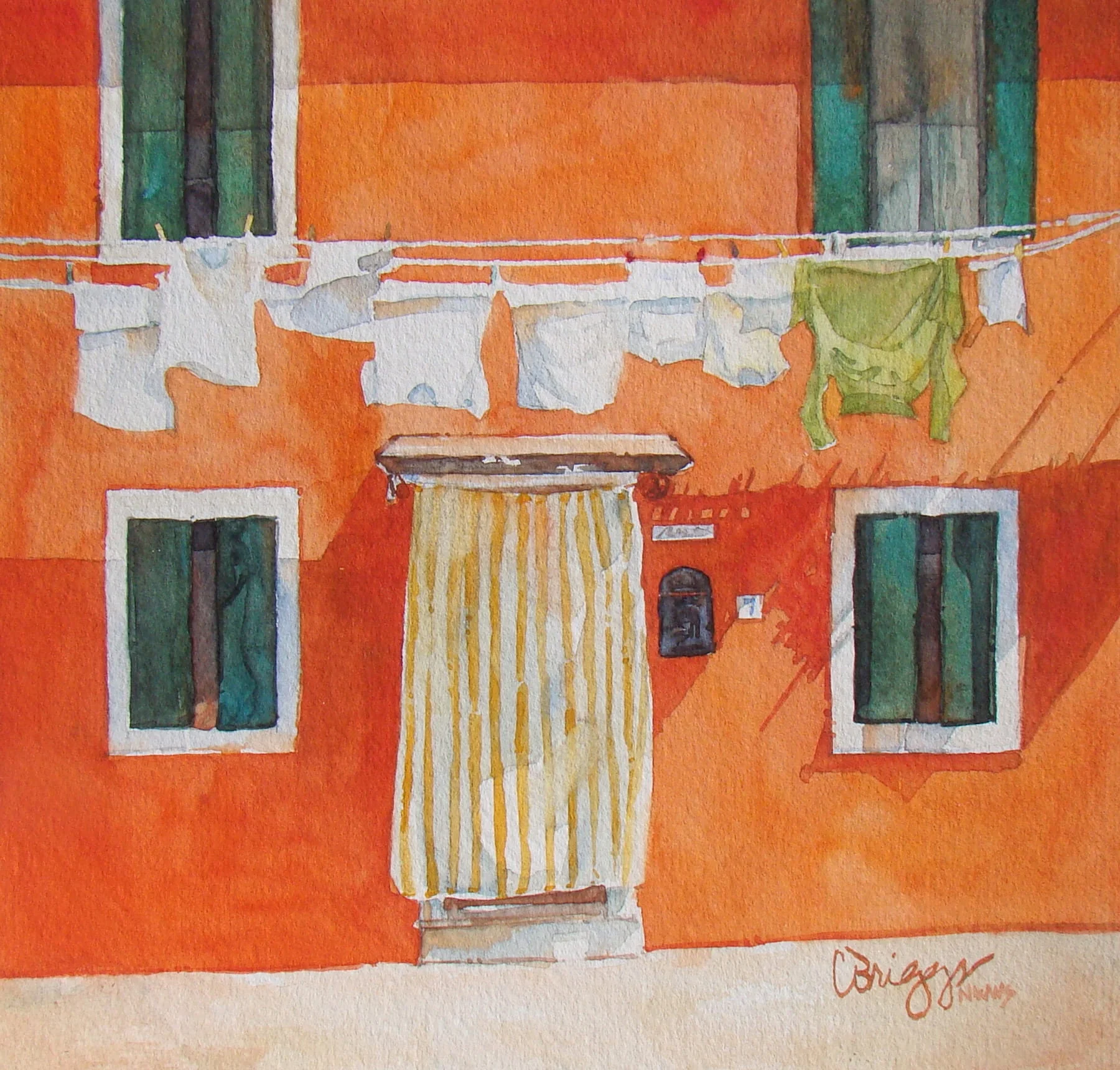 25 Burano Series Orange 8 x 8 International Cindy Briggs Art Watercolor Painting